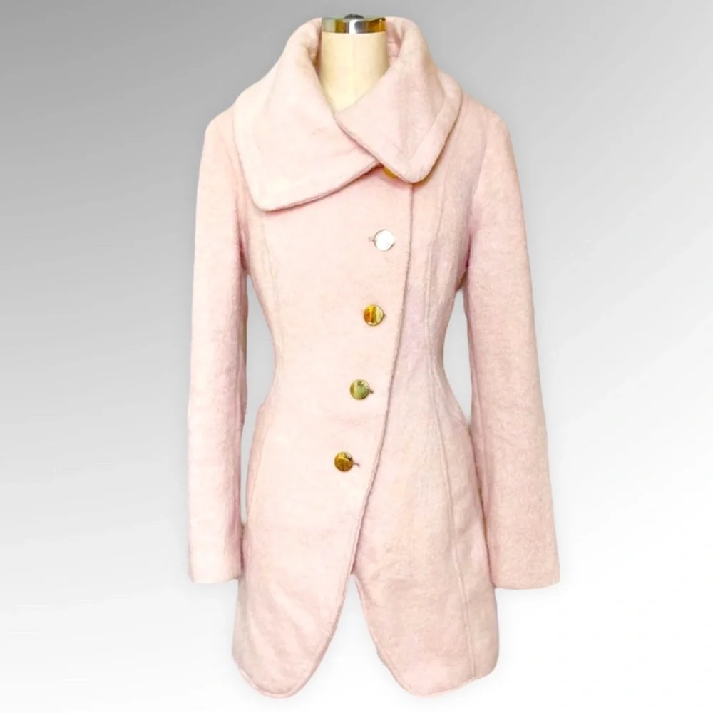Guess Pink Boucle Double Breasted Wool Peacoat Cutaway Winter Dress Coat Medium - Picture 15 of 15